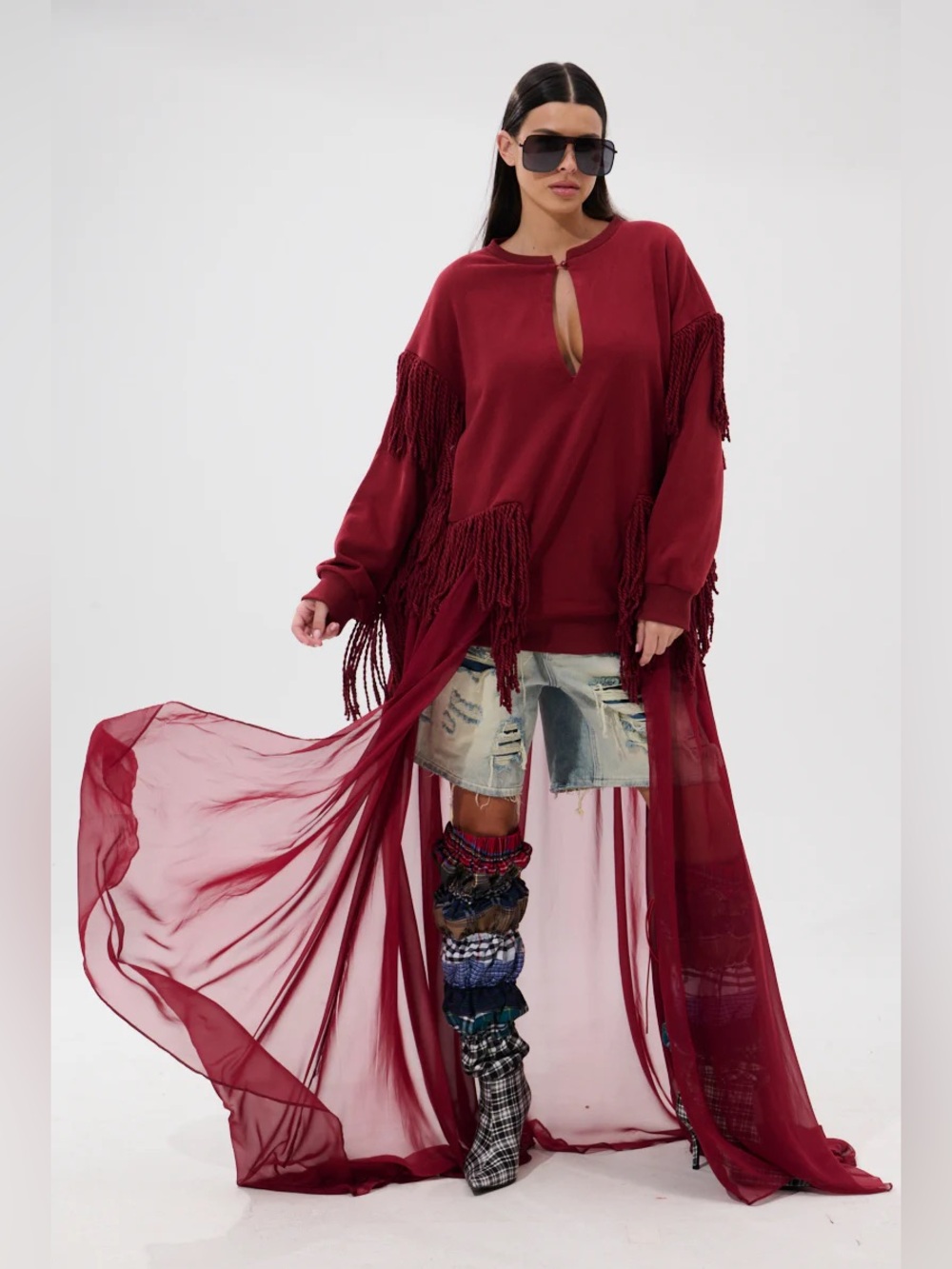 Burgundy Fringe Maxi Sheer-Train Sweatshirt